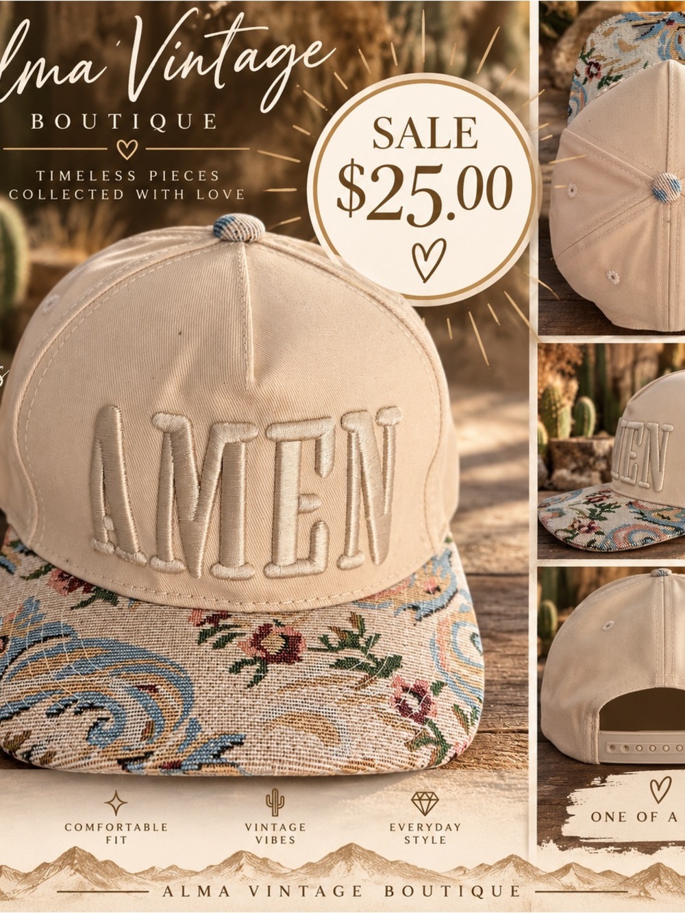 Beige 'AMEN' Snapback Hat with Floral Tapestry Brim